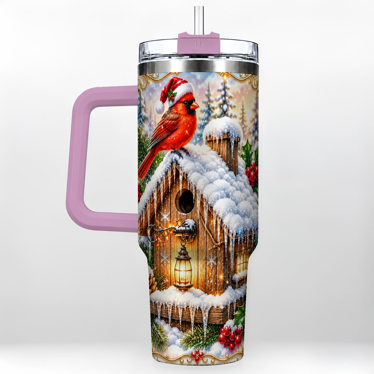 #pl[40oz|Pink] Christmas Cardinal 40oz Tumbler with Handle, Snowy Birdhouse Travel Cup
