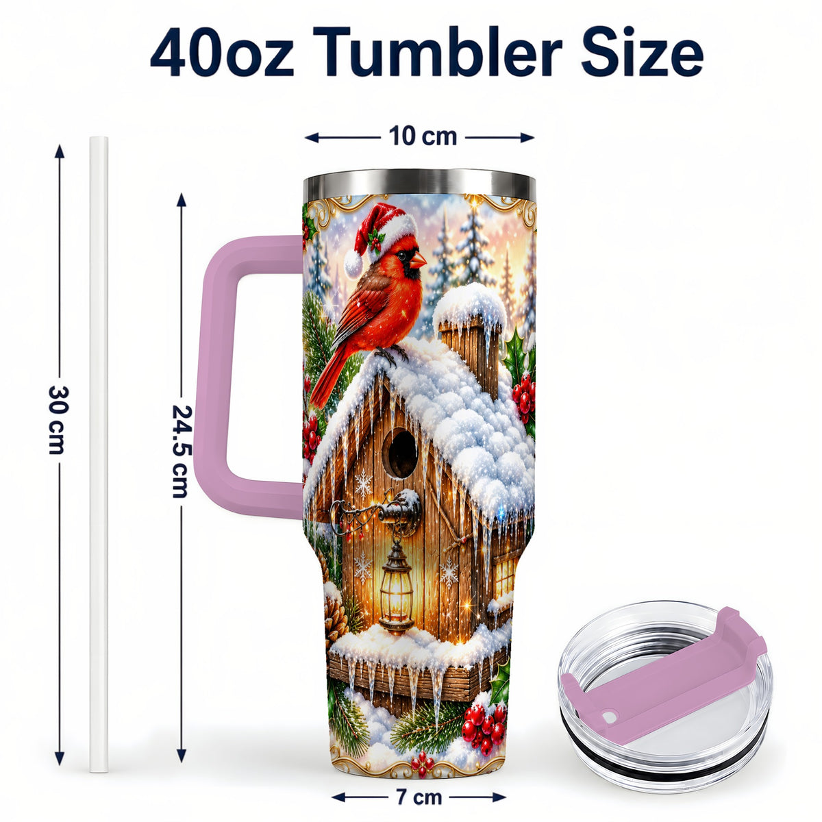 #pl[40oz|Pink] Christmas Cardinal 40oz Tumbler with Handle, Snowy Birdhouse Travel Cup