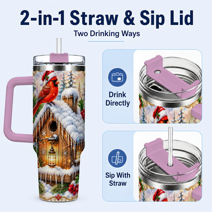 #pl[40oz|Pink] Christmas Cardinal 40oz Tumbler with Handle, Snowy Birdhouse Travel Cup