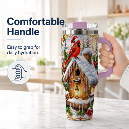 #pl[40oz|Pink] Christmas Cardinal 40oz Tumbler with Handle, Snowy Birdhouse Travel Cup