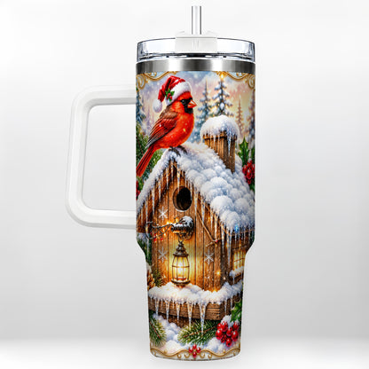 Christmas Cardinal 40oz Tumbler with Handle, Snowy Birdhouse Travel Cup