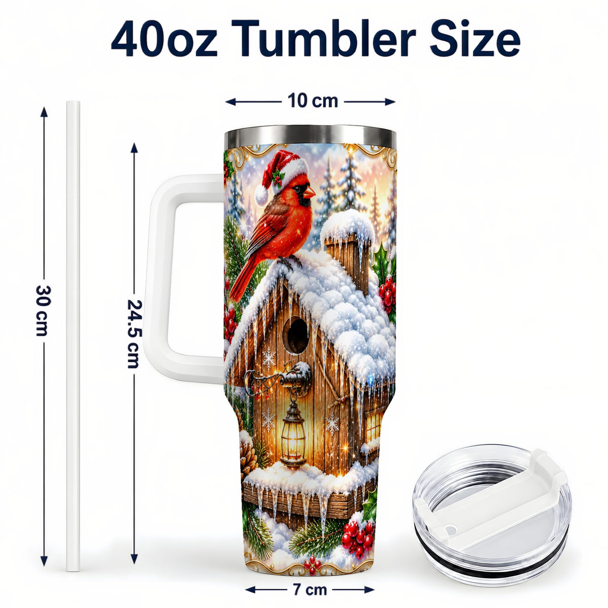 #pl[40oz|White] Christmas Cardinal 40oz Tumbler with Handle, Snowy Birdhouse Travel Cup