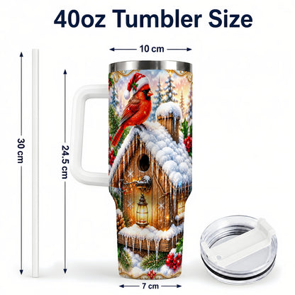 #pl[40oz|White] Christmas Cardinal 40oz Tumbler with Handle, Snowy Birdhouse Travel Cup
