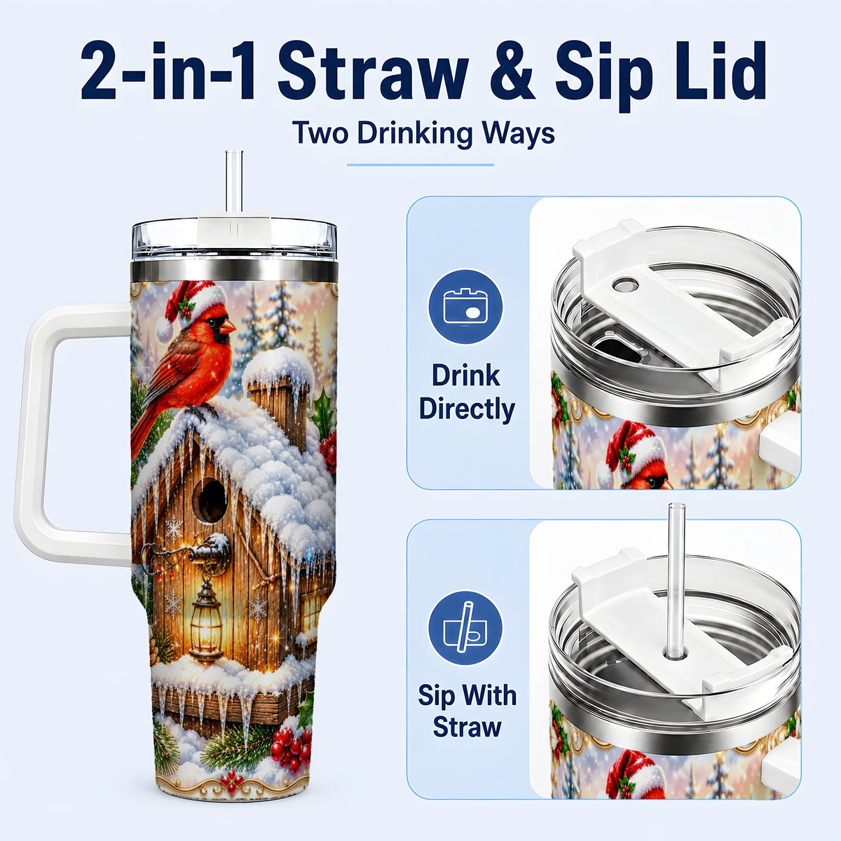 #pl[40oz|White] Christmas Cardinal 40oz Tumbler with Handle, Snowy Birdhouse Travel Cup