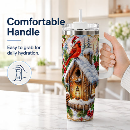 #pl[40oz|White] Christmas Cardinal 40oz Tumbler with Handle, Snowy Birdhouse Travel Cup