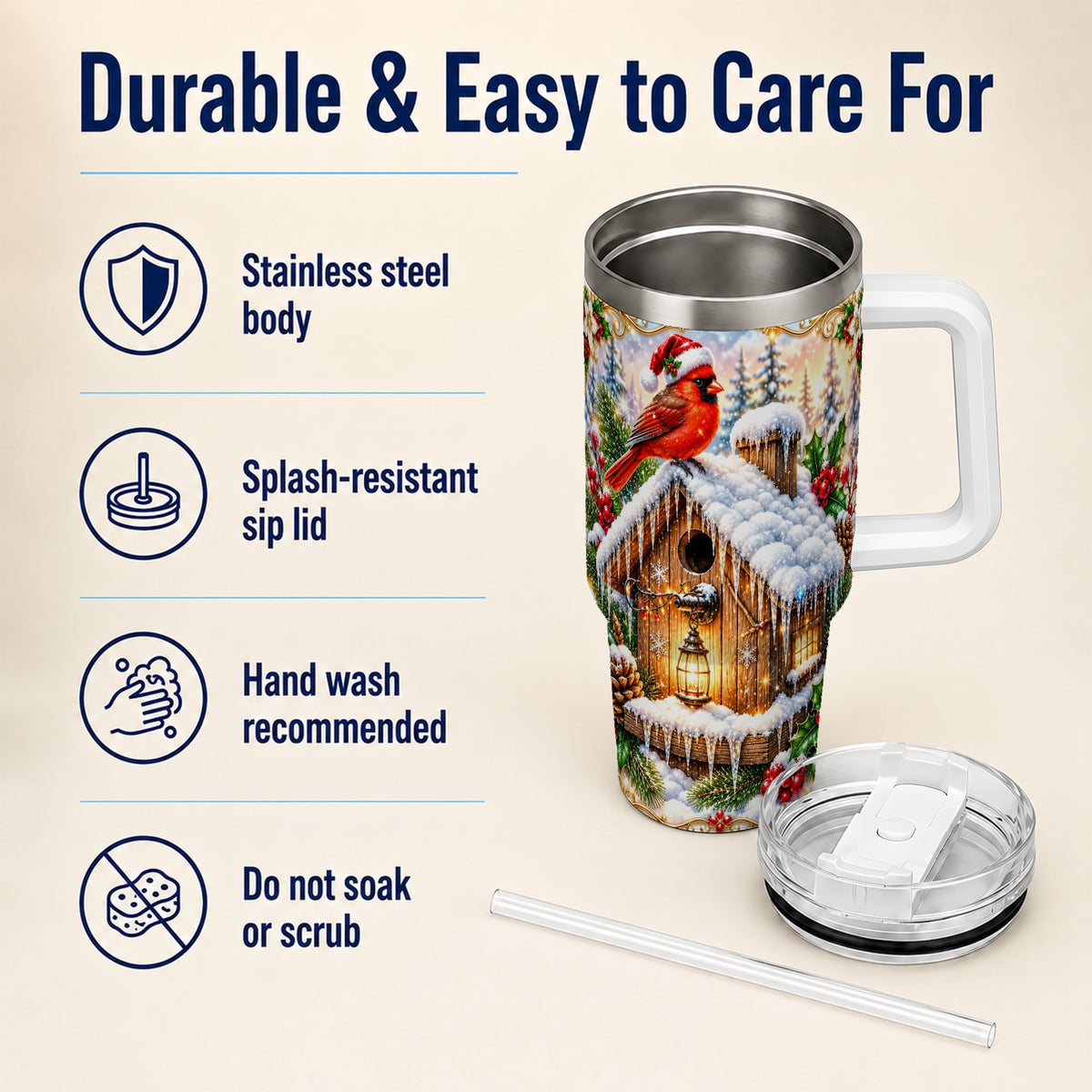 Christmas Cardinal 40oz Tumbler with Handle, Snowy Birdhouse Travel Cup