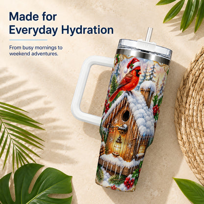 Christmas Cardinal 40oz Tumbler with Handle, Snowy Birdhouse Travel Cup