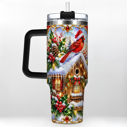 #pl[40oz|Black] Christmas Cardinal 40oz Tumbler with Handle, Snowy Cottage Travel Cup