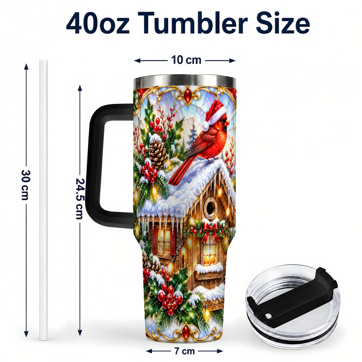 #pl[40oz|Black] Christmas Cardinal 40oz Tumbler with Handle, Snowy Cottage Travel Cup