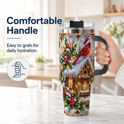 #pl[40oz|Black] Christmas Cardinal 40oz Tumbler with Handle, Snowy Cottage Travel Cup