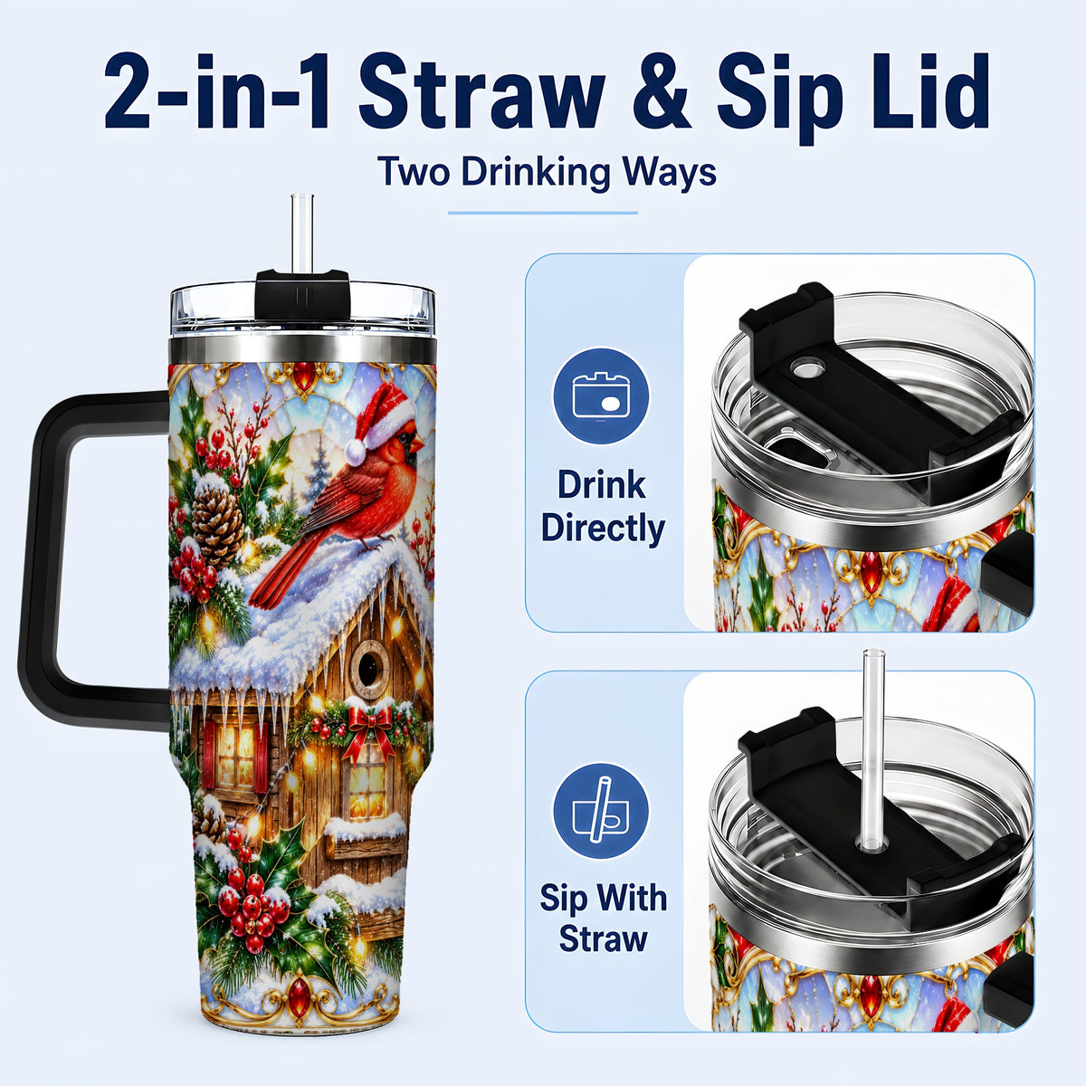 #pl[40oz|Black] Christmas Cardinal 40oz Tumbler with Handle, Snowy Cottage Travel Cup