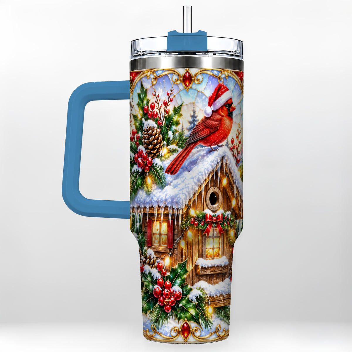 #pl[40oz|Blue] Christmas Cardinal 40oz Tumbler with Handle, Snowy Cottage Travel Cup