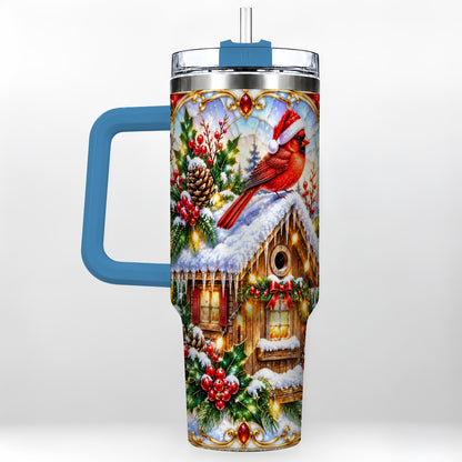 #pl[40oz|Blue] Christmas Cardinal 40oz Tumbler with Handle, Snowy Cottage Travel Cup