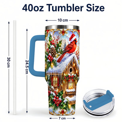 #pl[40oz|Blue] Christmas Cardinal 40oz Tumbler with Handle, Snowy Cottage Travel Cup
