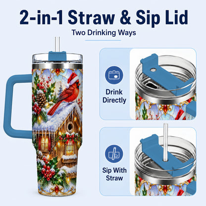 #pl[40oz|Blue] Christmas Cardinal 40oz Tumbler with Handle, Snowy Cottage Travel Cup