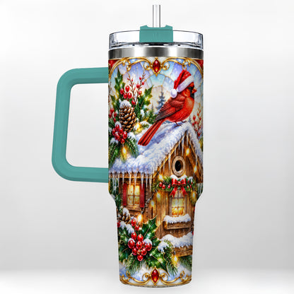 #pl[40oz|Green] Christmas Cardinal 40oz Tumbler with Handle, Snowy Cottage Travel Cup