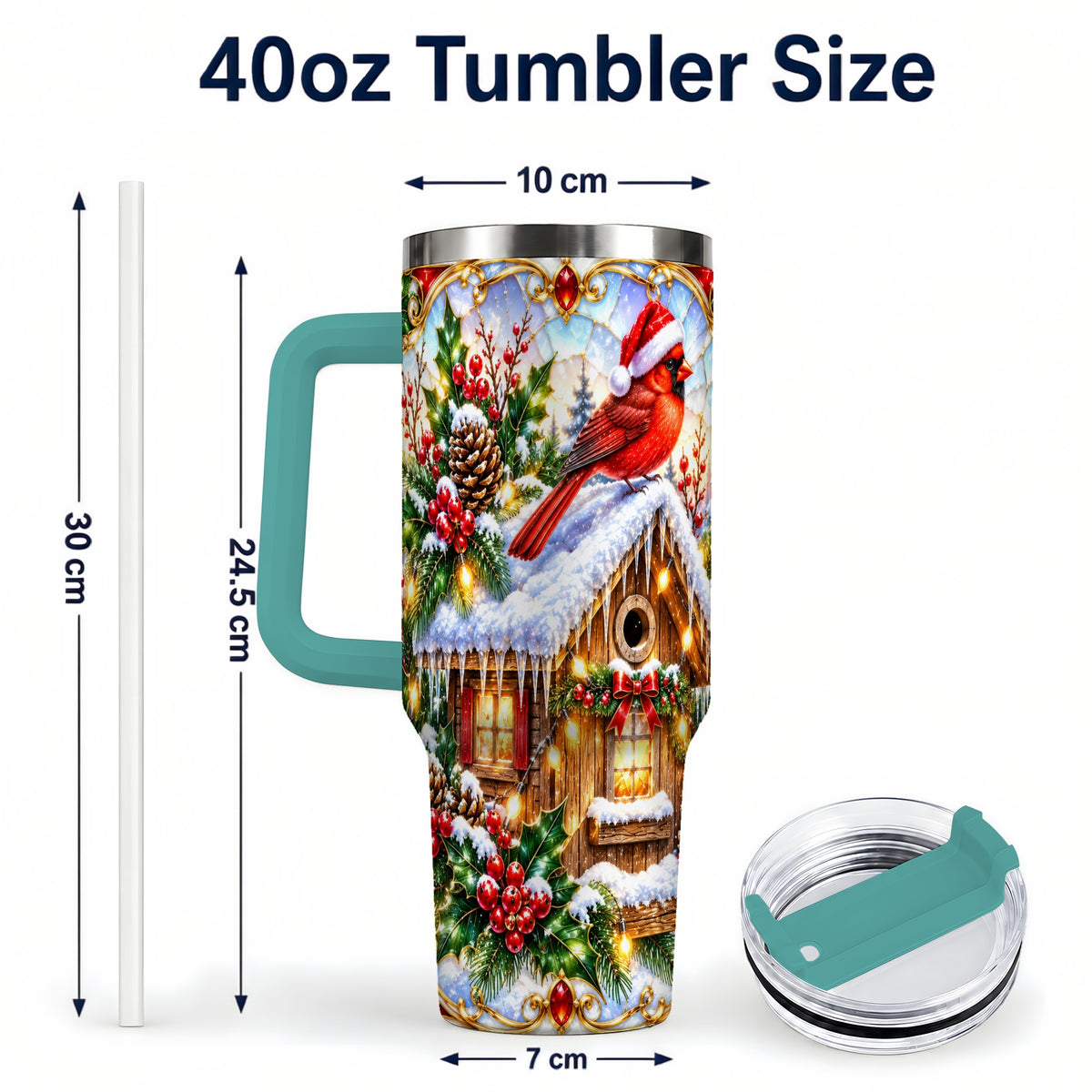 #pl[40oz|Green] Christmas Cardinal 40oz Tumbler with Handle, Snowy Cottage Travel Cup
