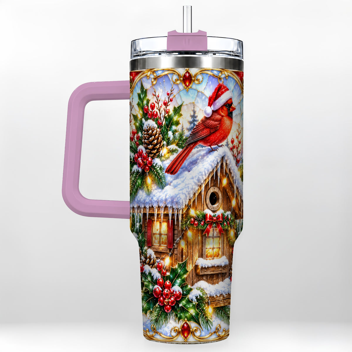 #pl[40oz|Pink] Christmas Cardinal 40oz Tumbler with Handle, Snowy Cottage Travel Cup