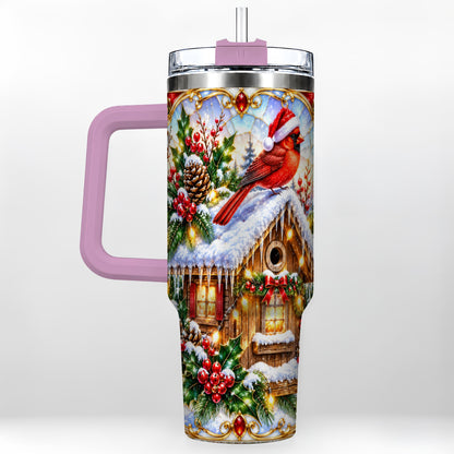 #pl[40oz|Pink] Christmas Cardinal 40oz Tumbler with Handle, Snowy Cottage Travel Cup