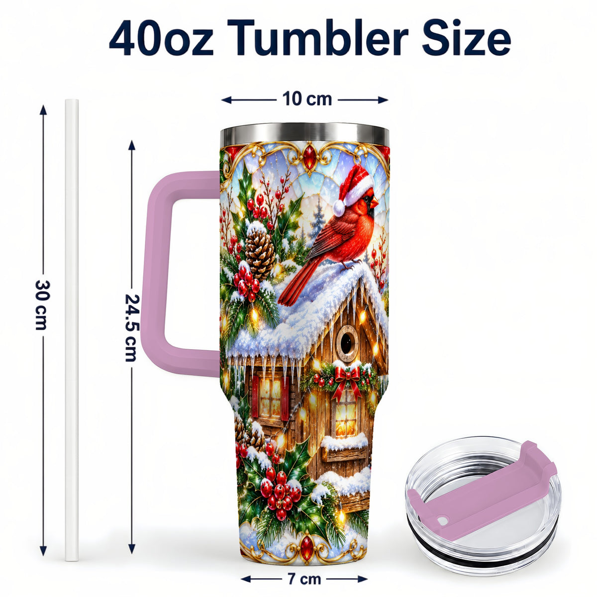 #pl[40oz|Pink] Christmas Cardinal 40oz Tumbler with Handle, Snowy Cottage Travel Cup