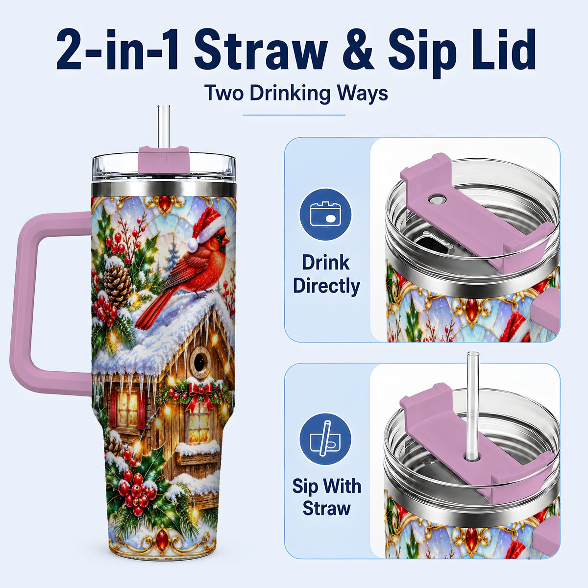 #pl[40oz|Pink] Christmas Cardinal 40oz Tumbler with Handle, Snowy Cottage Travel Cup
