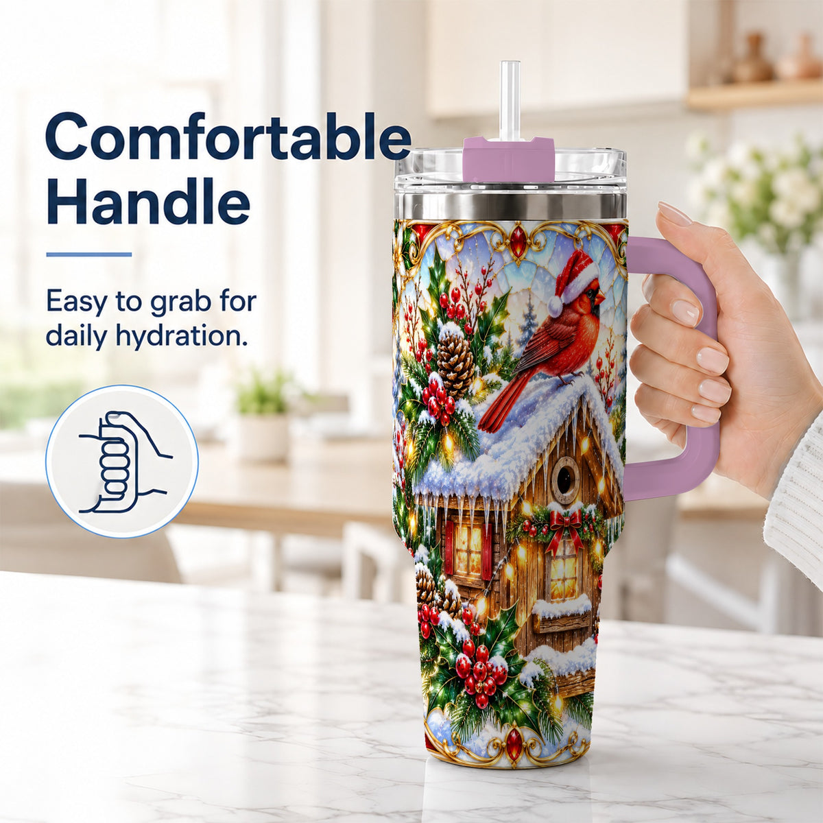 #pl[40oz|Pink] Christmas Cardinal 40oz Tumbler with Handle, Snowy Cottage Travel Cup