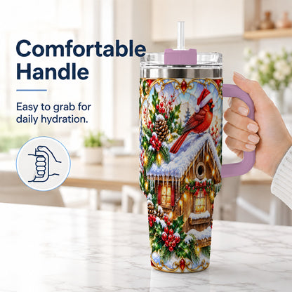 #pl[40oz|Pink] Christmas Cardinal 40oz Tumbler with Handle, Snowy Cottage Travel Cup