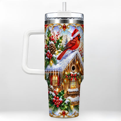 Christmas Cardinal 40oz Tumbler with Handle, Snowy Cottage Travel Cup