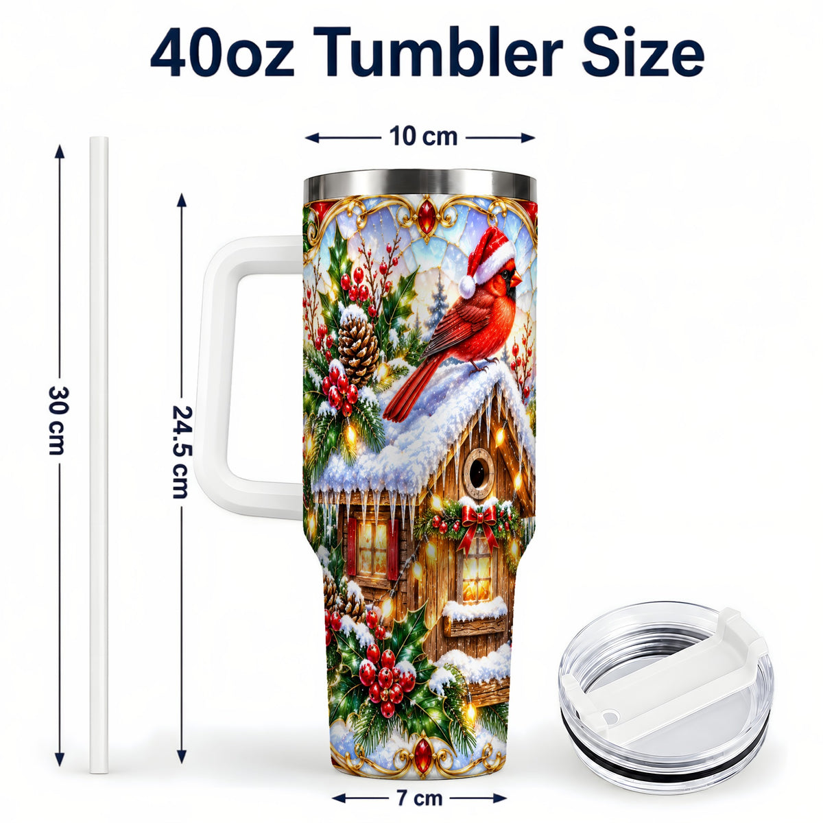 #pl[40oz|White] Christmas Cardinal 40oz Tumbler with Handle, Snowy Cottage Travel Cup