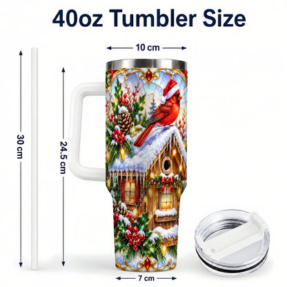#pl[40oz|White] Christmas Cardinal 40oz Tumbler with Handle, Snowy Cottage Travel Cup