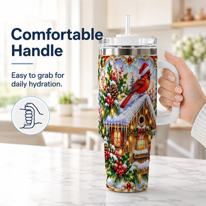 #pl[40oz|White] Christmas Cardinal 40oz Tumbler with Handle, Snowy Cottage Travel Cup