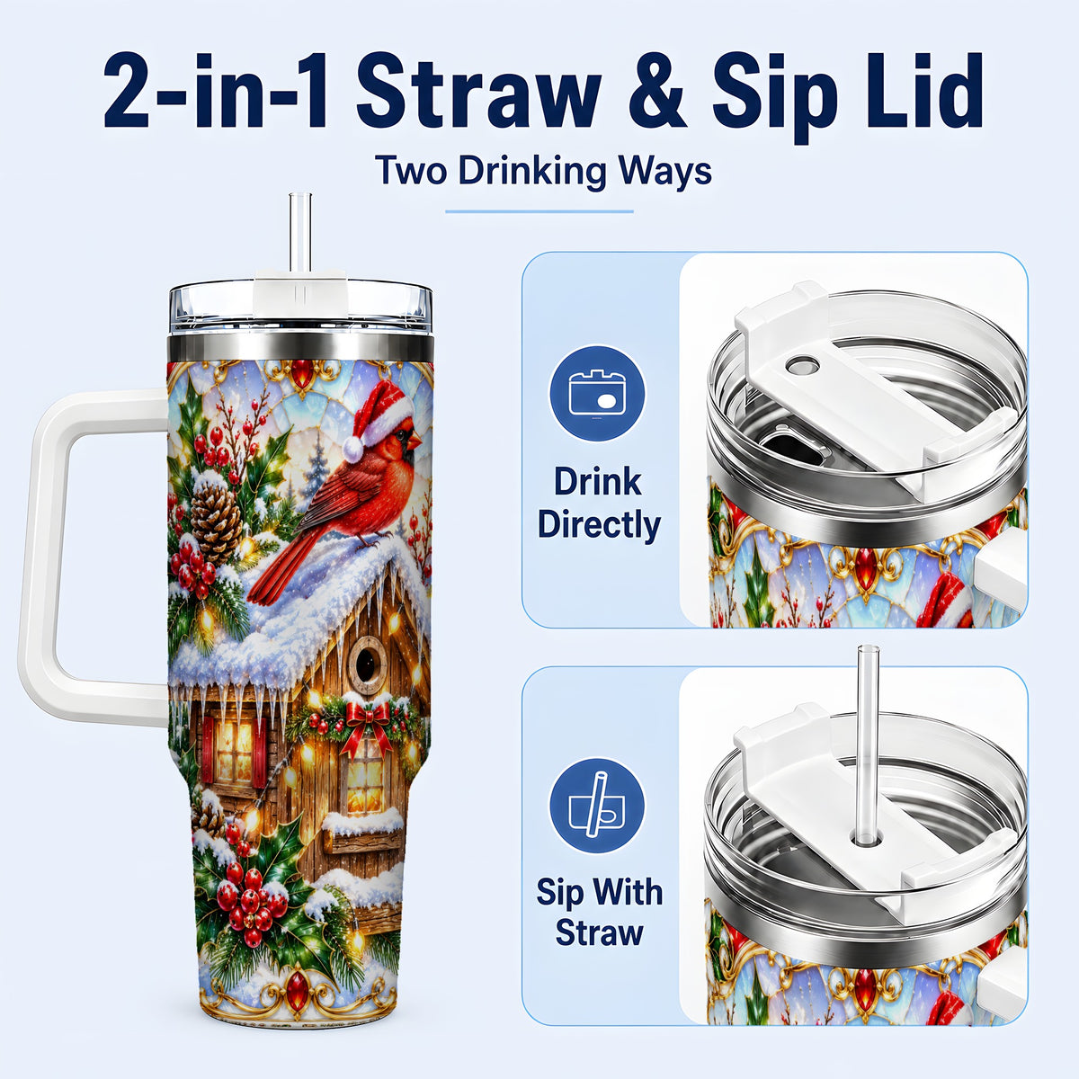 #pl[40oz|White] Christmas Cardinal 40oz Tumbler with Handle, Snowy Cottage Travel Cup