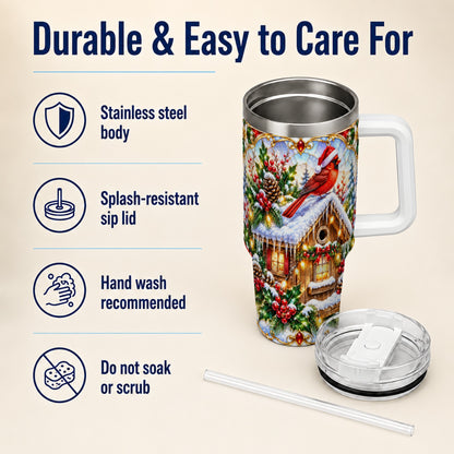 Christmas Cardinal 40oz Tumbler with Handle, Snowy Cottage Travel Cup