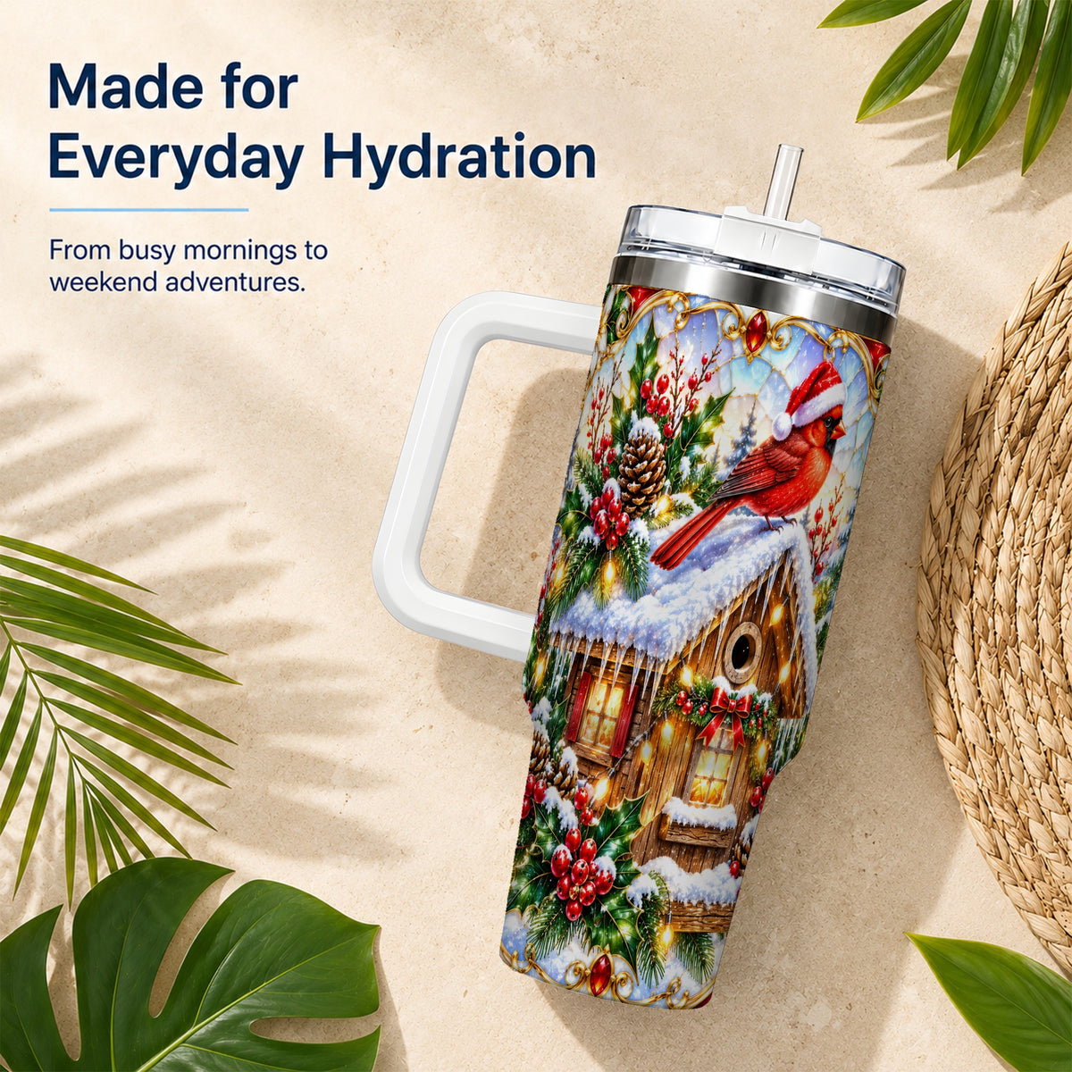 Christmas Cardinal 40oz Tumbler with Handle, Snowy Cottage Travel Cup