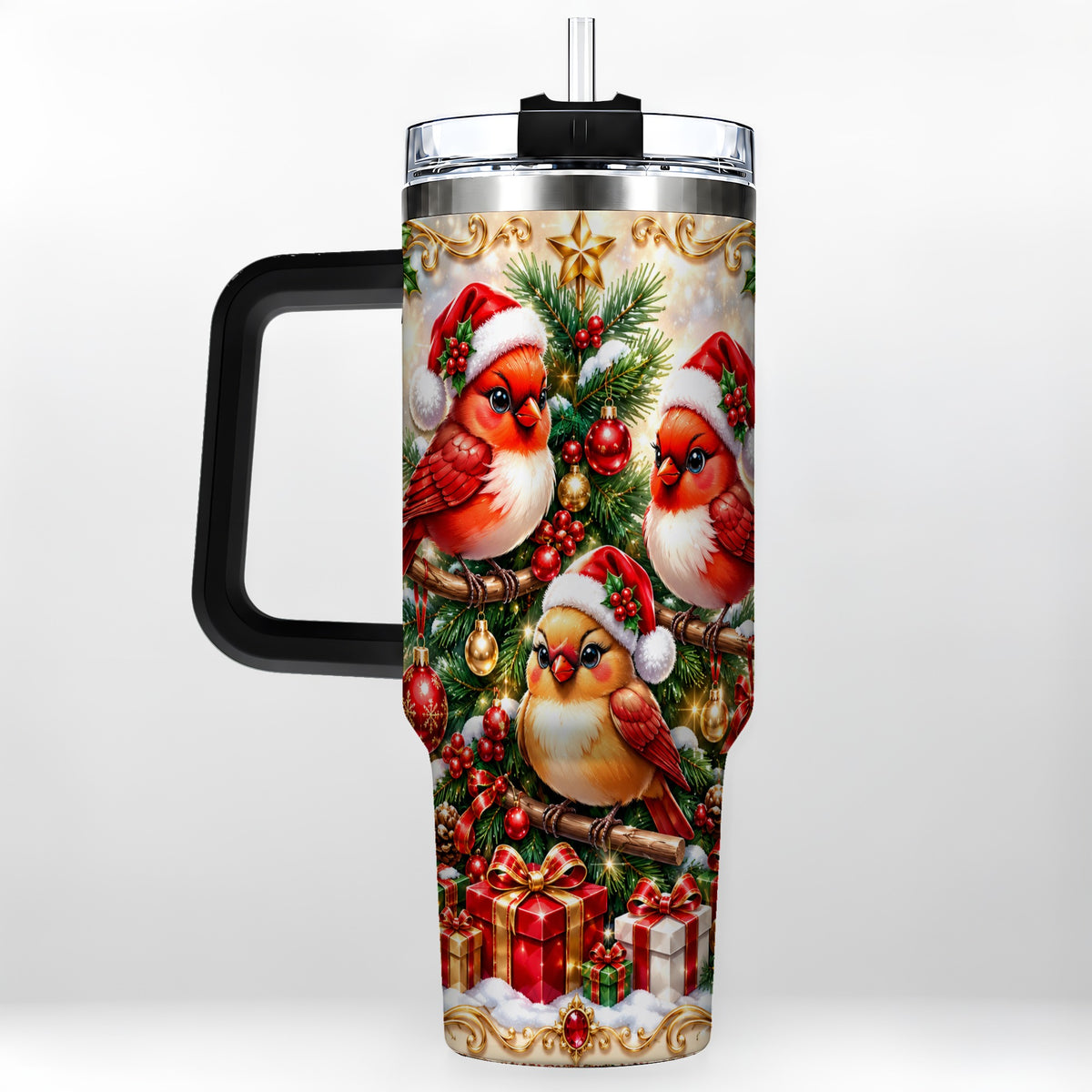 #pl[40oz|Black] Christmas Cardinal 40oz Tumbler with Handle, Holiday Bird Travel Cup