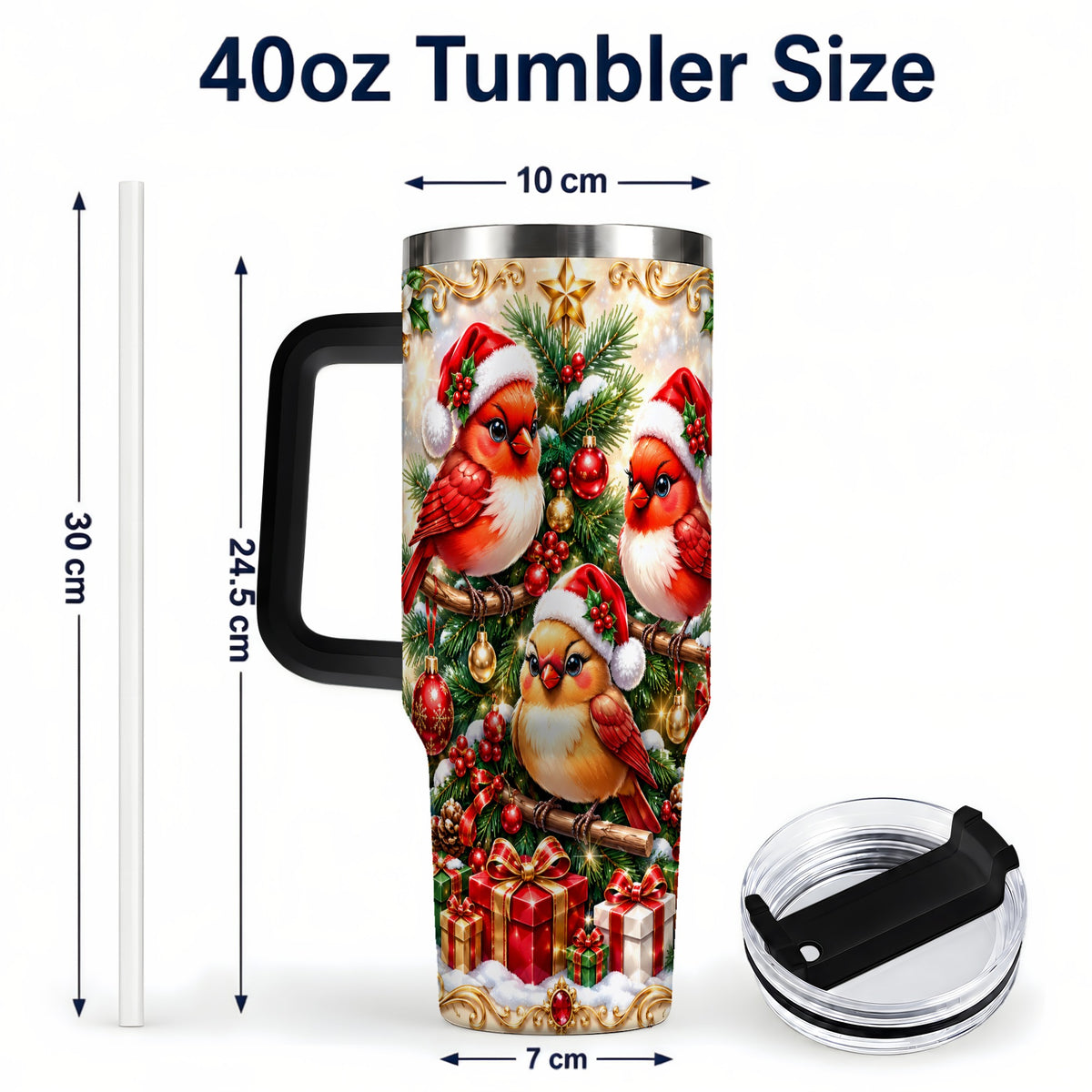 #pl[40oz|Black] Christmas Cardinal 40oz Tumbler with Handle, Holiday Bird Travel Cup
