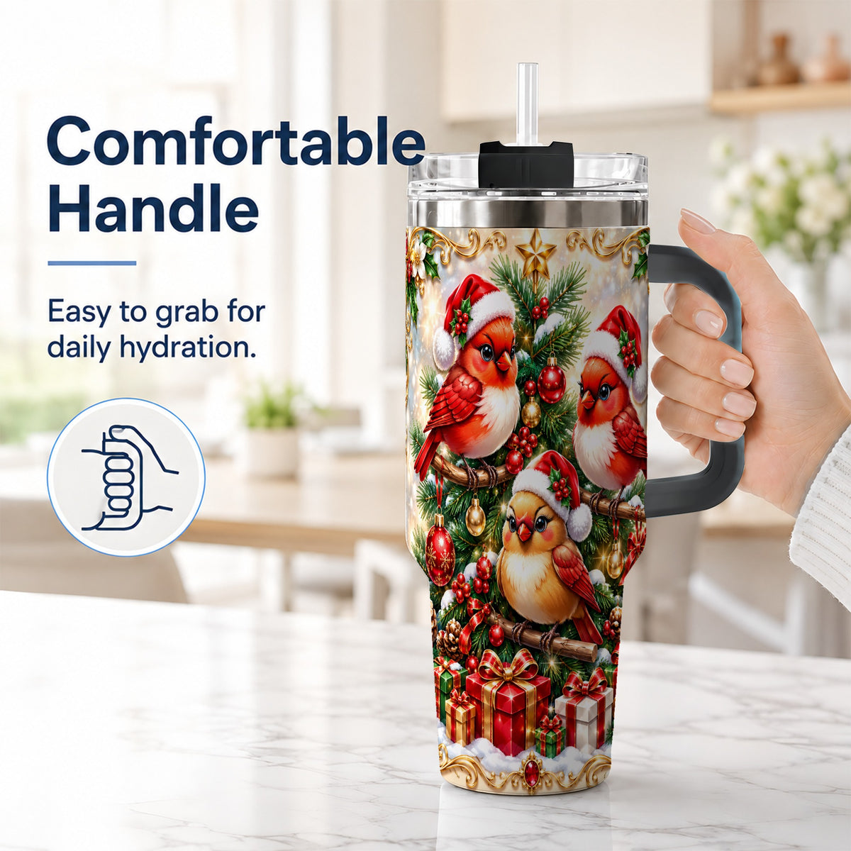 #pl[40oz|Black] Christmas Cardinal 40oz Tumbler with Handle, Holiday Bird Travel Cup