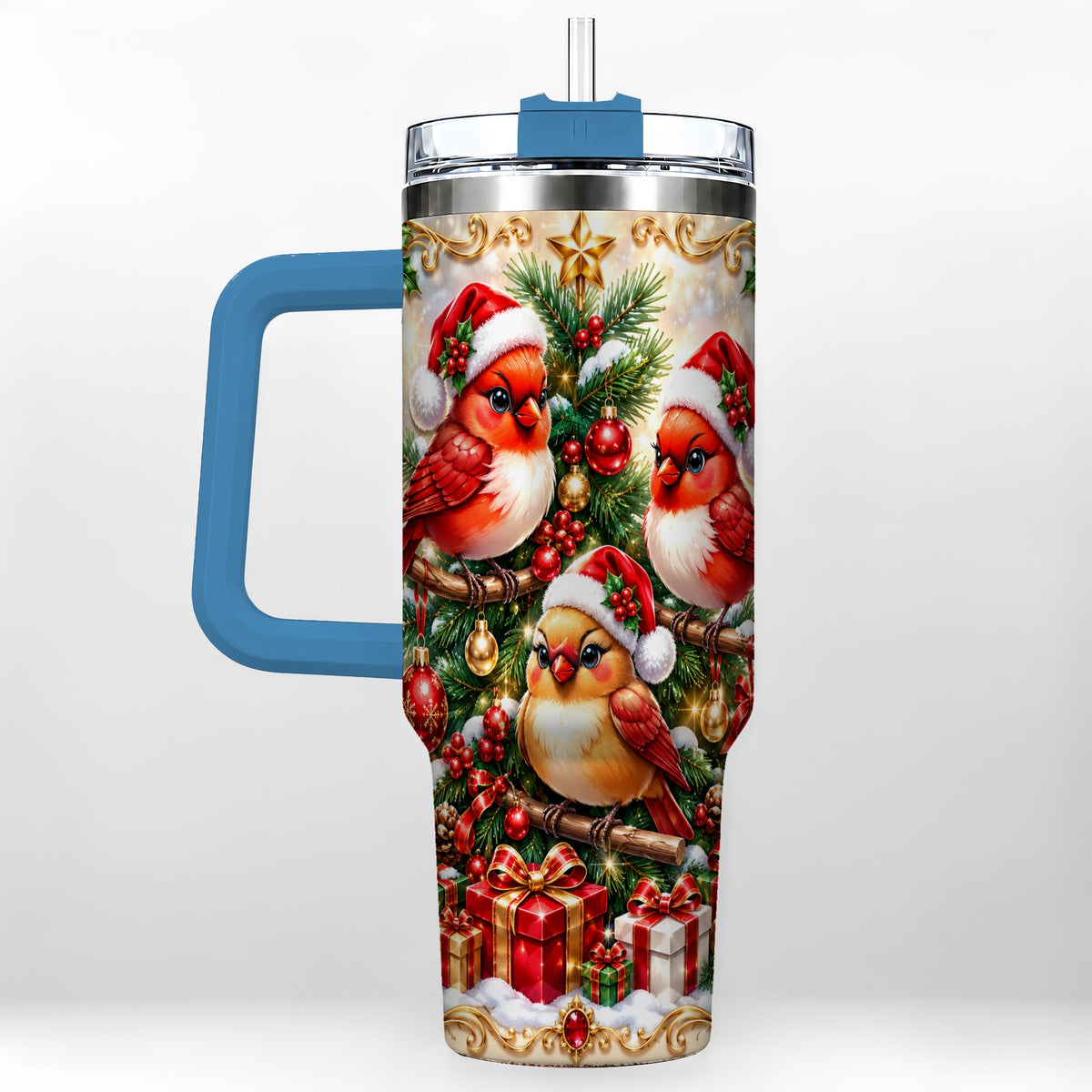 #pl[40oz|Blue] Christmas Cardinal 40oz Tumbler with Handle, Holiday Bird Travel Cup