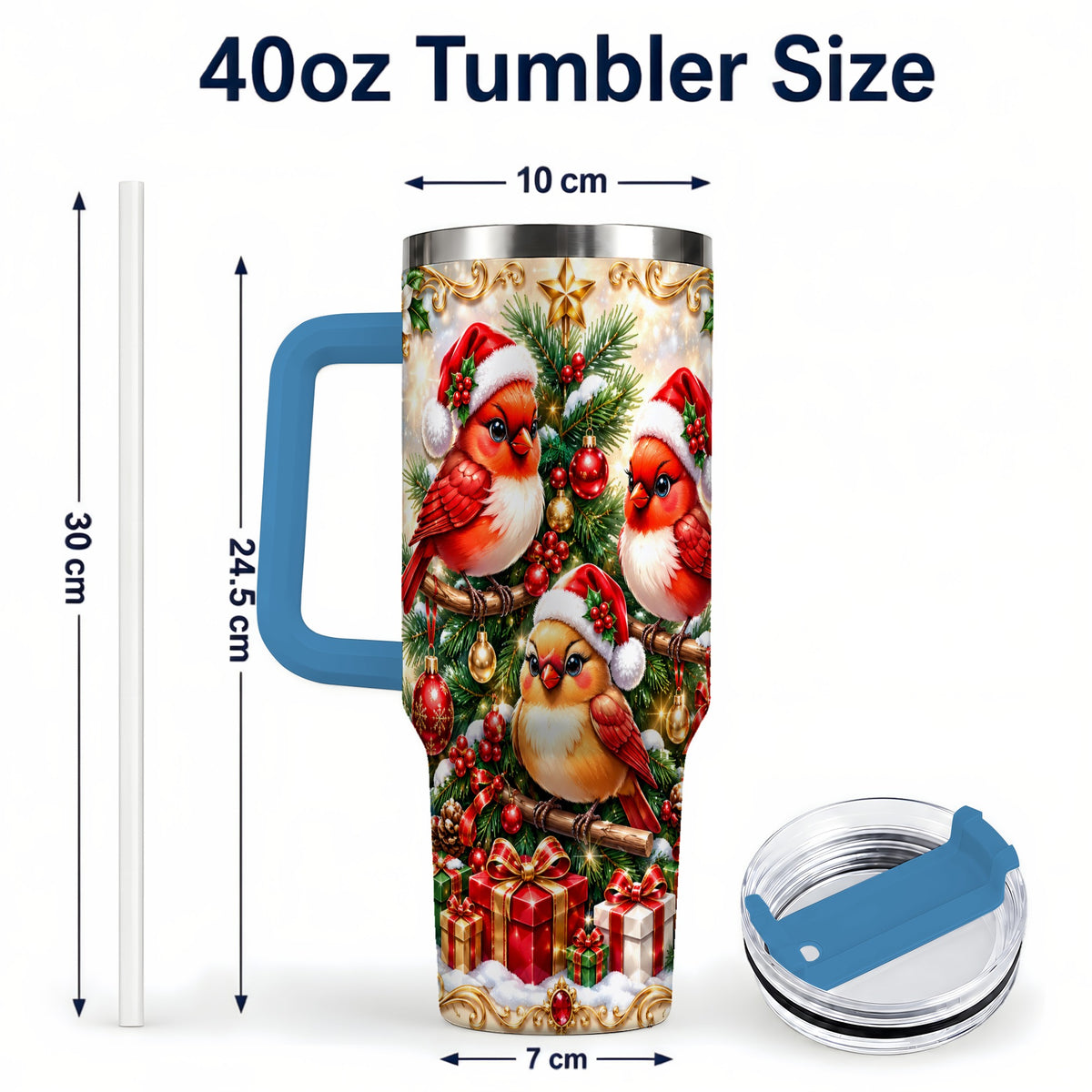 #pl[40oz|Blue] Christmas Cardinal 40oz Tumbler with Handle, Holiday Bird Travel Cup