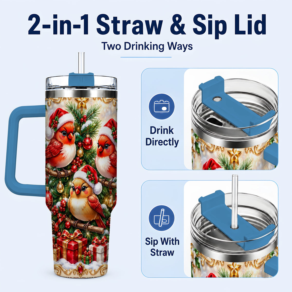 #pl[40oz|Blue] Christmas Cardinal 40oz Tumbler with Handle, Holiday Bird Travel Cup