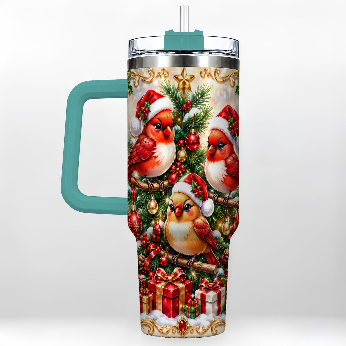#pl[40oz|Green] Christmas Cardinal 40oz Tumbler with Handle, Holiday Bird Travel Cup
