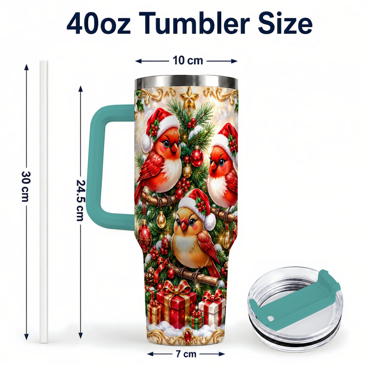 #pl[40oz|Green] Christmas Cardinal 40oz Tumbler with Handle, Holiday Bird Travel Cup