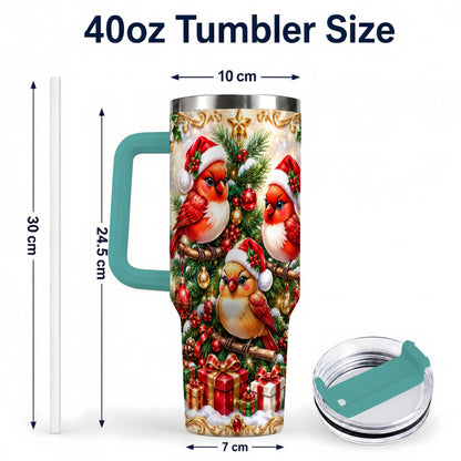 #pl[40oz|Green] Christmas Cardinal 40oz Tumbler with Handle, Holiday Bird Travel Cup