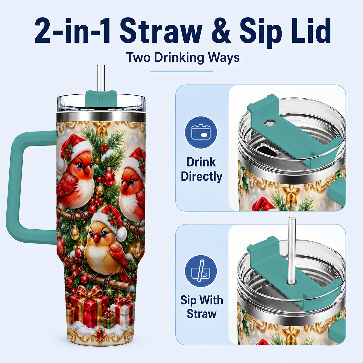 #pl[40oz|Green] Christmas Cardinal 40oz Tumbler with Handle, Holiday Bird Travel Cup