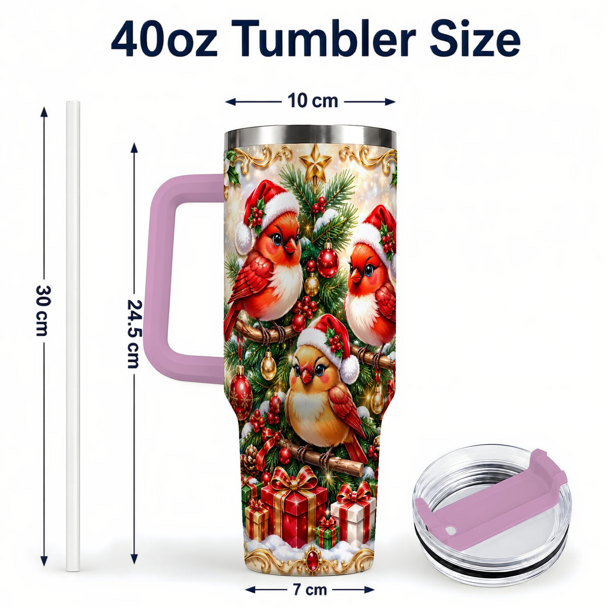 #pl[40oz|Pink] Christmas Cardinal 40oz Tumbler with Handle, Holiday Bird Travel Cup