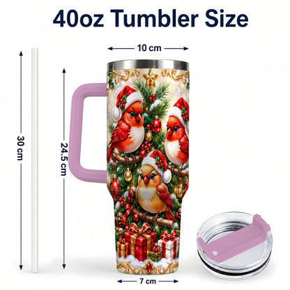 #pl[40oz|Pink] Christmas Cardinal 40oz Tumbler with Handle, Holiday Bird Travel Cup