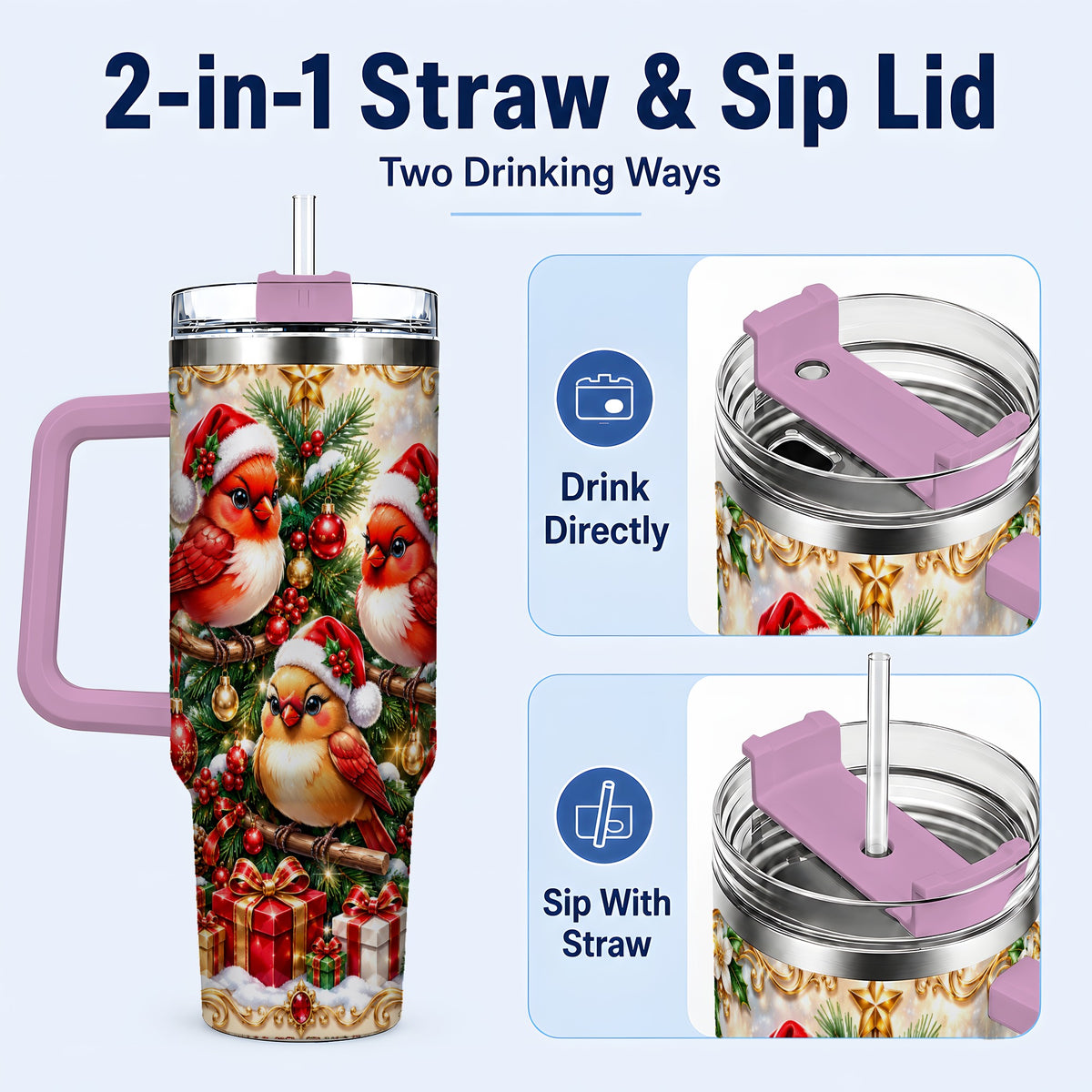 #pl[40oz|Pink] Christmas Cardinal 40oz Tumbler with Handle, Holiday Bird Travel Cup