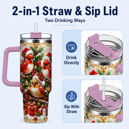 #pl[40oz|Pink] Christmas Cardinal 40oz Tumbler with Handle, Holiday Bird Travel Cup