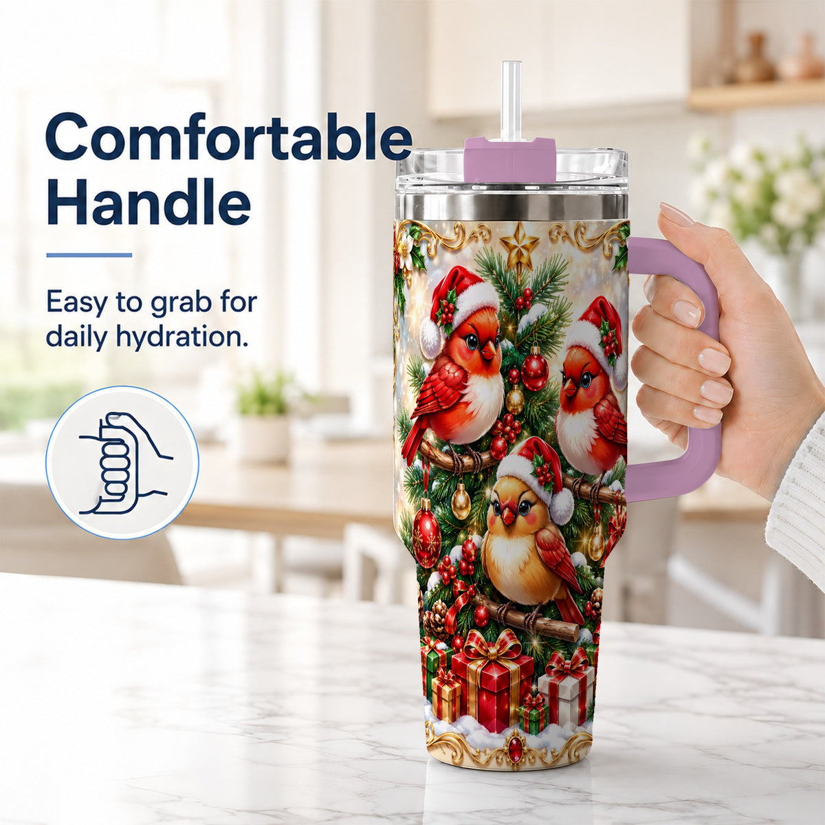 #pl[40oz|Pink] Christmas Cardinal 40oz Tumbler with Handle, Holiday Bird Travel Cup