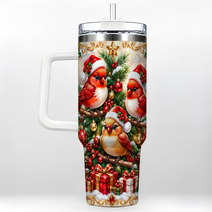 Christmas Cardinal 40oz Tumbler with Handle, Holiday Bird Travel Cup